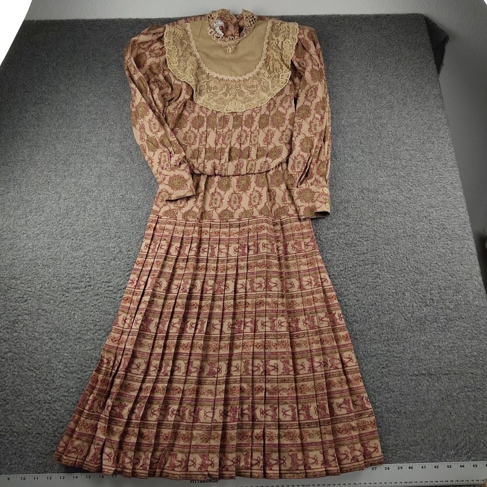VTG Cottagecore Midi Dress Sz 3/4 Pleated Lace Bib Floral Pink EUC